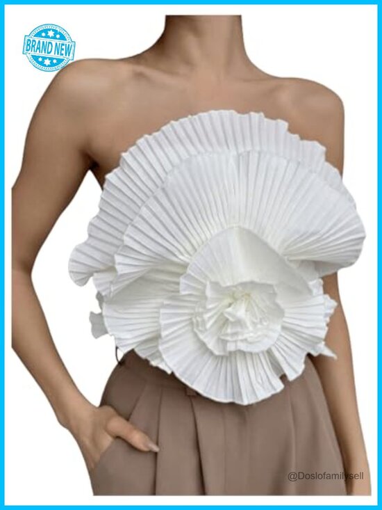Tops - 3D Flower Decor Strapless Bandeau Crop Top Sleeveless Tube Top